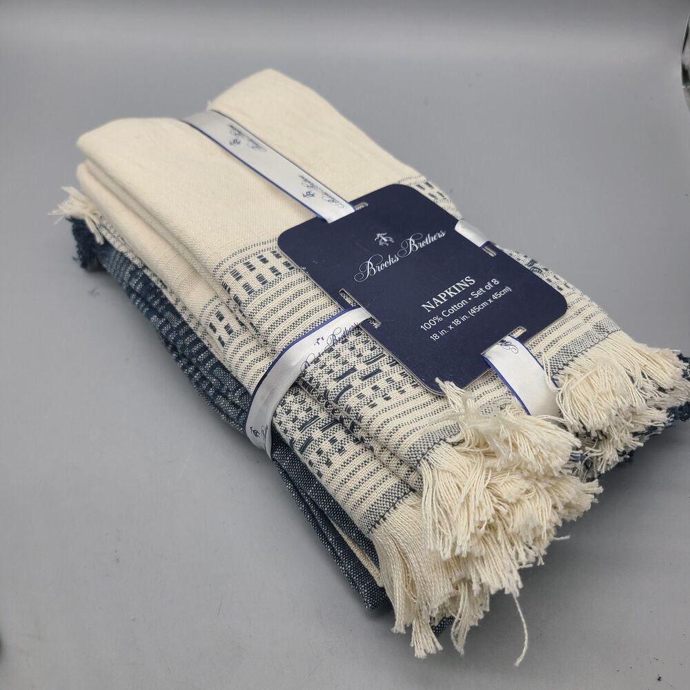 Brooks Brothers Set (8) Napkins Navy Blue/ Beige STRIPES 18 X 18 100% Cotton NEW